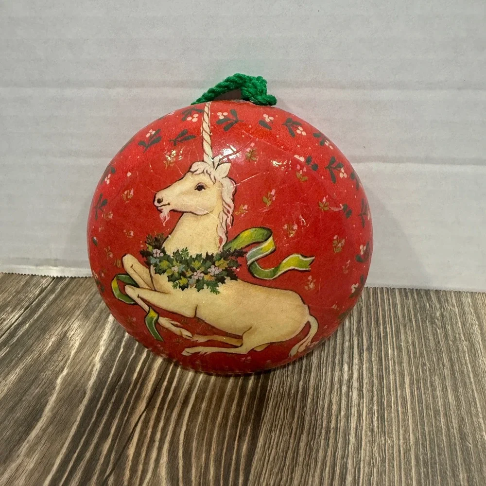 Vintage 1982 Reflections Barry Patch Unicorn Decoupage Christmas Ornament Red 3